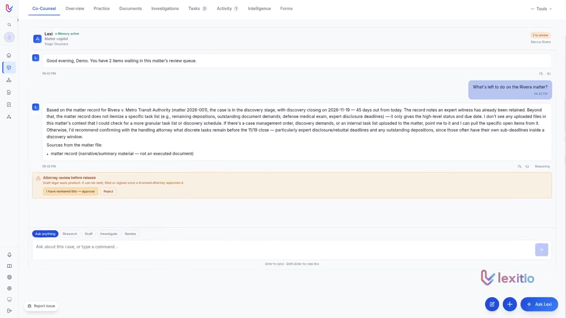 Lexi answering a question inside a demo matter, with its sources and an attorney-review banner